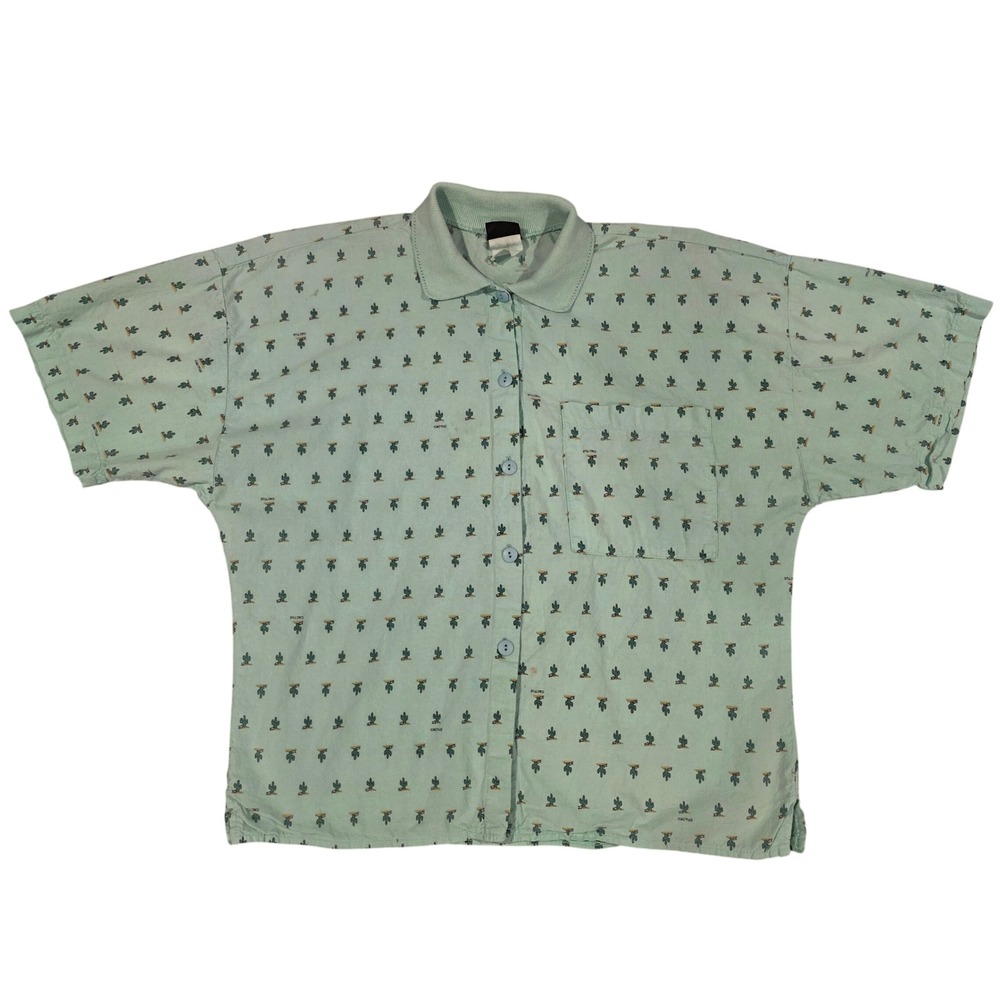 Vintage 80s Judy Knapp Saguaro Cactus Button Down Shirt Mint Green Boxy M L